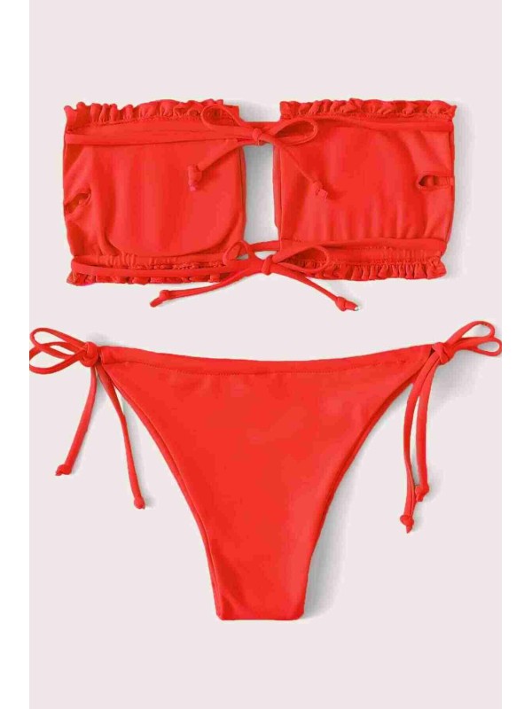  Brezilya Model Büzgülü Bağlamalı Bikini Altı Kırmızı 