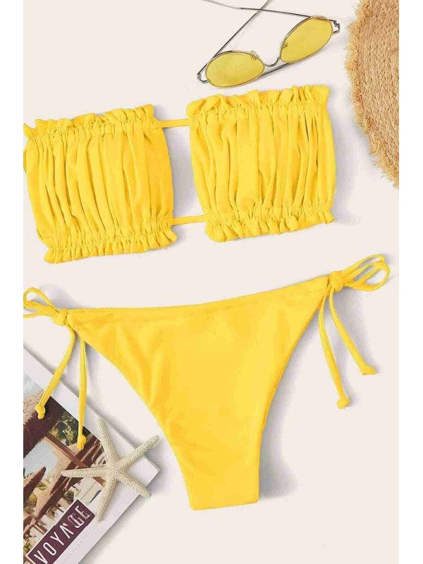  Brezilya Model Büzgülü Bağlamalı Bikini Altı Sarı 