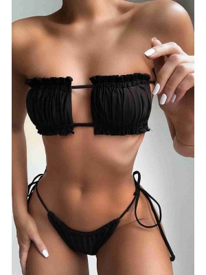  Brezilya Model Büzgülü Bağlamalı Bikini Altı Siyah 