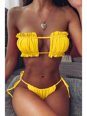  Brezilya Model Büzgülü Bağlamalı Bikini Takım Sarı 
