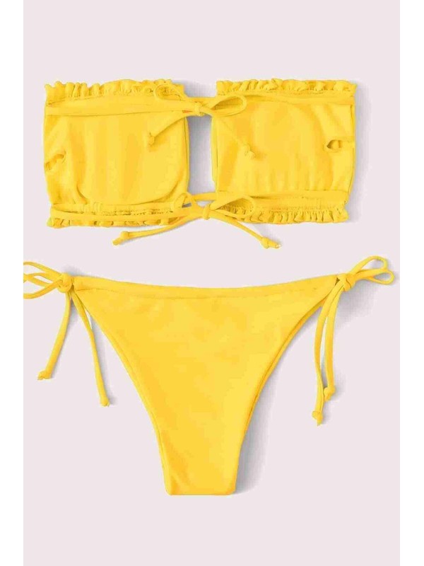  Brezilya Model Büzgülü Bağlamalı Bikini Takım Sarı 