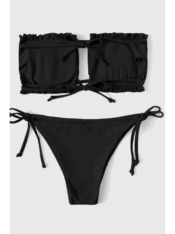 Angelsin Brezilya Model Büzgülü Bağlamalı Bikini Takım Siyah | MS4164-1012