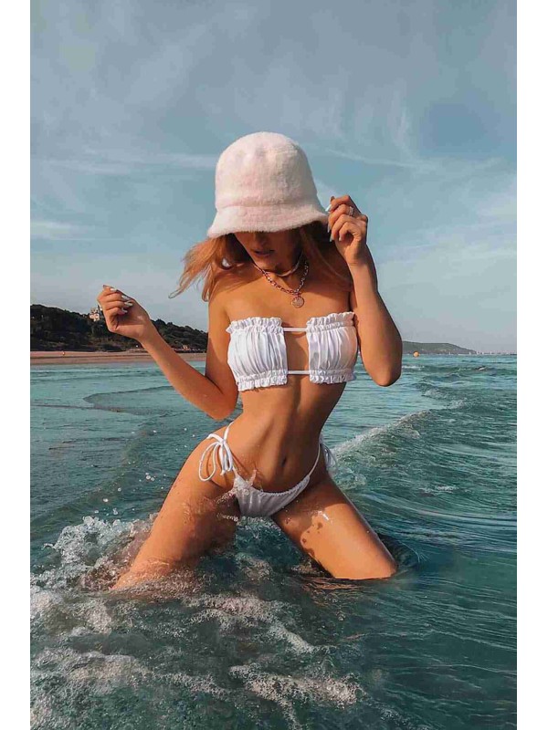  Brezilya Model Büzgülü Bağlamalı Bikini üstü Beyaz 