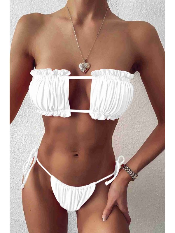  Brezilya Model Büzgülü Bağlamalı Bikini üstü Beyaz 