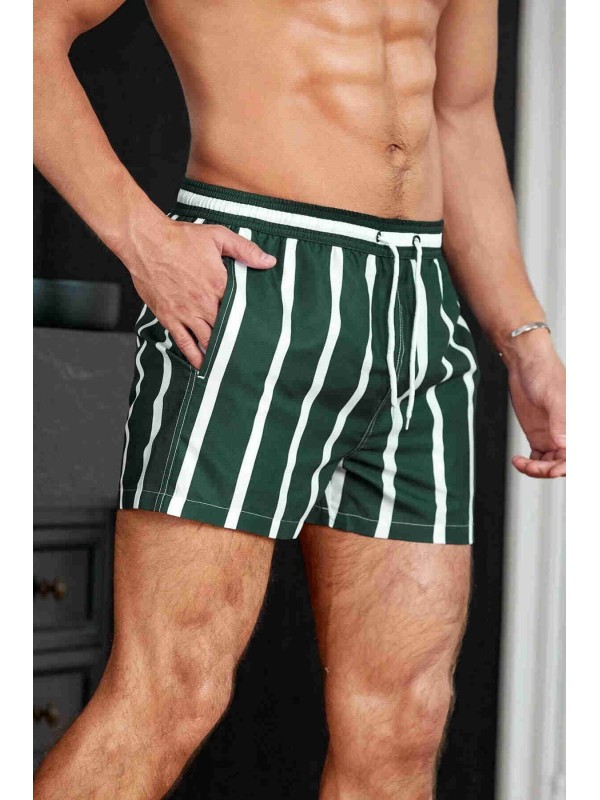  Erkek Basic Standart Boy Çizgili Baskılı Mayo Cepli Deniz Şortu Yeşil 
