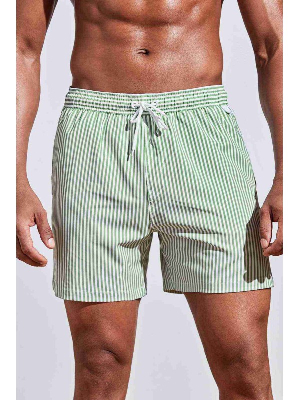  Erkek Basic Standart Boy İnce Çizgili Baskılı Mayo Cepli Deniz Şortu Yeşil 