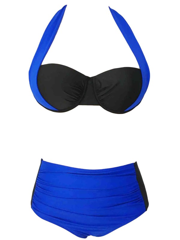  Kaplı Mavi Siyah Tasarımlı Yüksek Bel Bikini Takım 