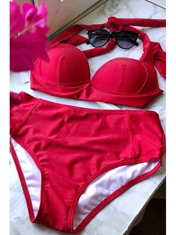  Kırmızı Yuksek Bel Bikini Takım 
