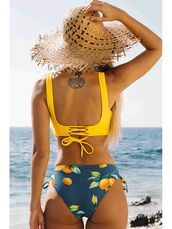  Önden Çarpraz Yanlardan Bağlamalı Baskılı Bikini Takım Çok Renkli 
