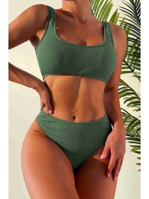  Özel Fitilli Kumaş Yüksek Bel Tankini Bikini Takım Yeşil 