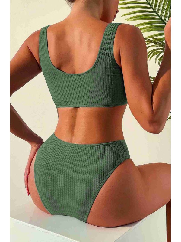  Özel Fitilli Kumaş Yüksek Bel Tankini Bikini Takım Yeşil 