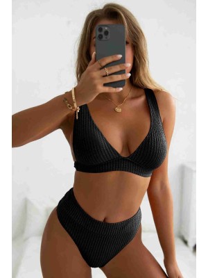  Özel Kumaş Yüksel Bel Bikini Takım Siyah 