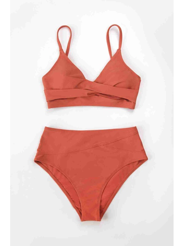  Özel Tasarım Önden Çarpraz Yüksek Bel Bikini Takım Kırmızı 