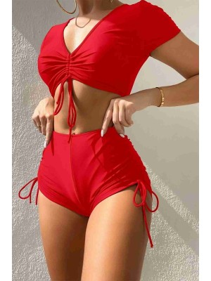  Özel tasarım Yarım Kol Büzgü Detaylı Bikini Takım Kırmızı 