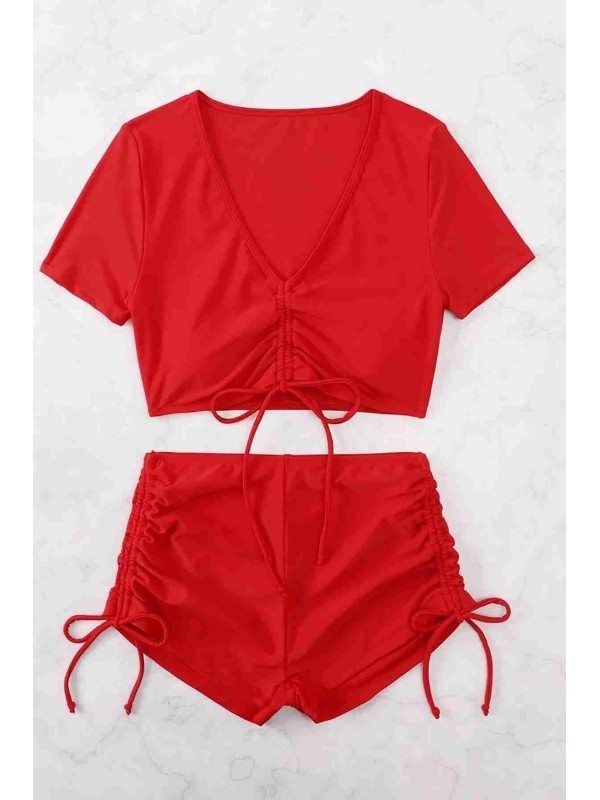  Özel tasarım Yarım Kol Büzgü Detaylı Bikini Takım Kırmızı 