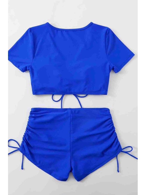  Özel tasarım Yarım Kol Büzgü Detaylı Bikini Takım Mavi 