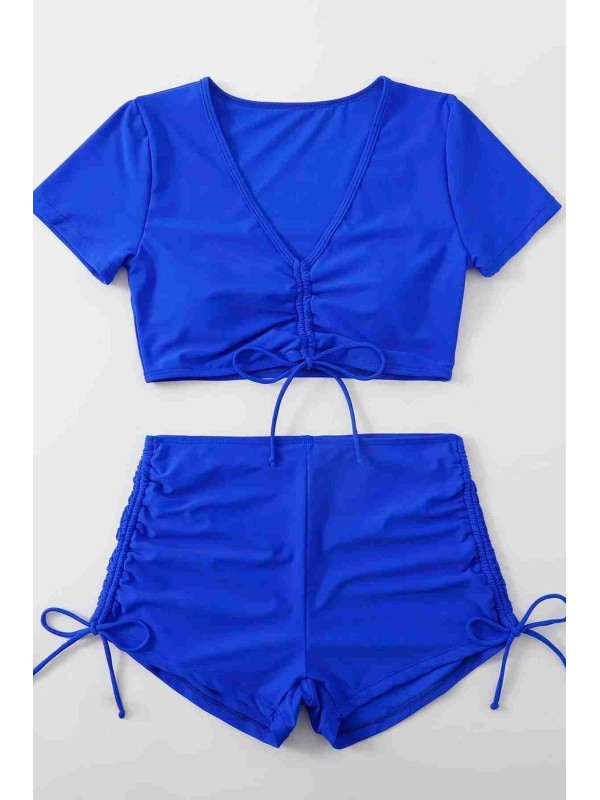  Özel tasarım Yarım Kol Büzgü Detaylı Bikini Takım Mavi 