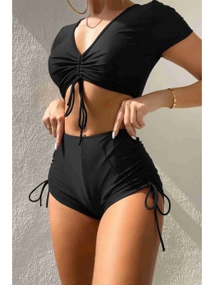  Özel tasarım Yarım Kol Büzgü Detaylı Bikini Takım Siyah 