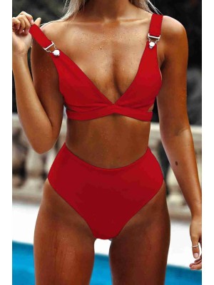  Özel Tasarım Yüksek Bel Bikini Takım Kırmızı 