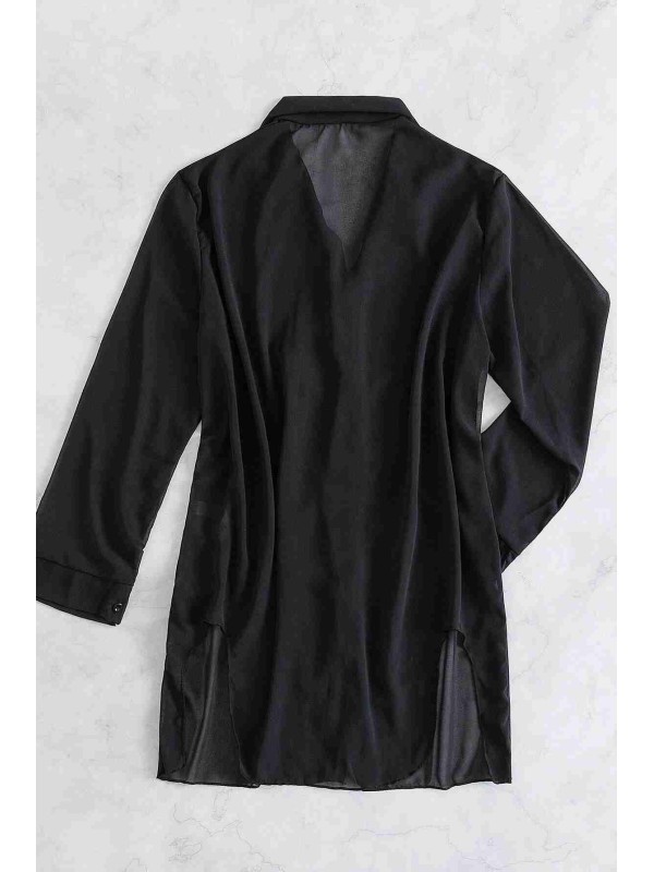  Şifon Gömlek Plaj Elbisesi Pareo Kimono Kaftan Siyah 
