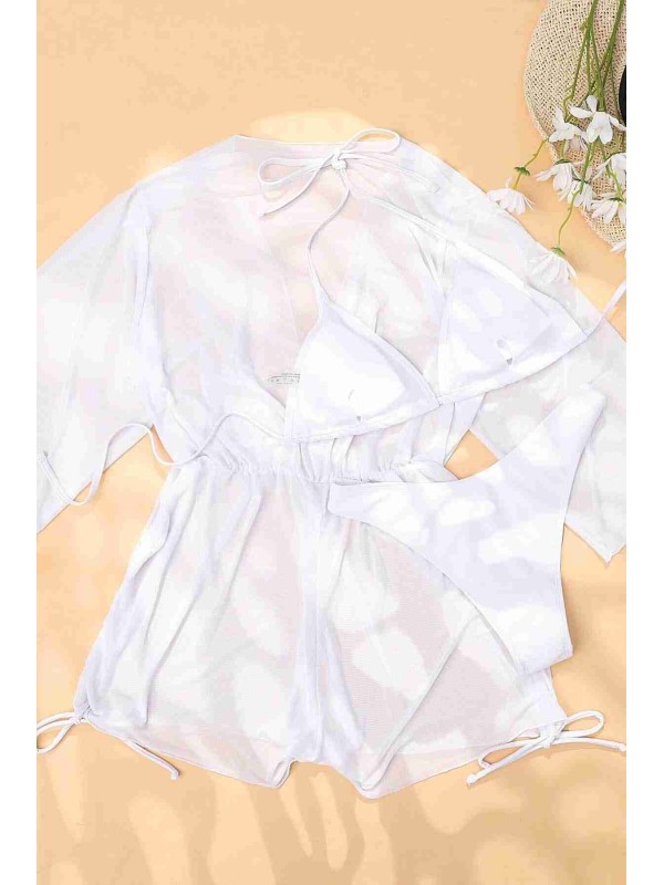  Şifon Pareo Plaj Elbisesi Cover Up Kimono Beyaz 