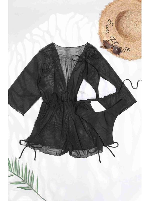  Şifon Pareo Plaj Elbisesi Cover Up Kimono Siyah 
