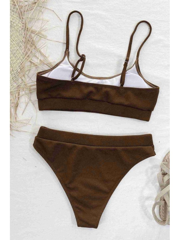  Yüksek Bel Fitilli Kumaş Tankini Bikini Takım Kahverengi 