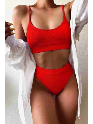  Yüksek Bel Fitilli Kumaş Tankini Bikini Takım Kırmızı 