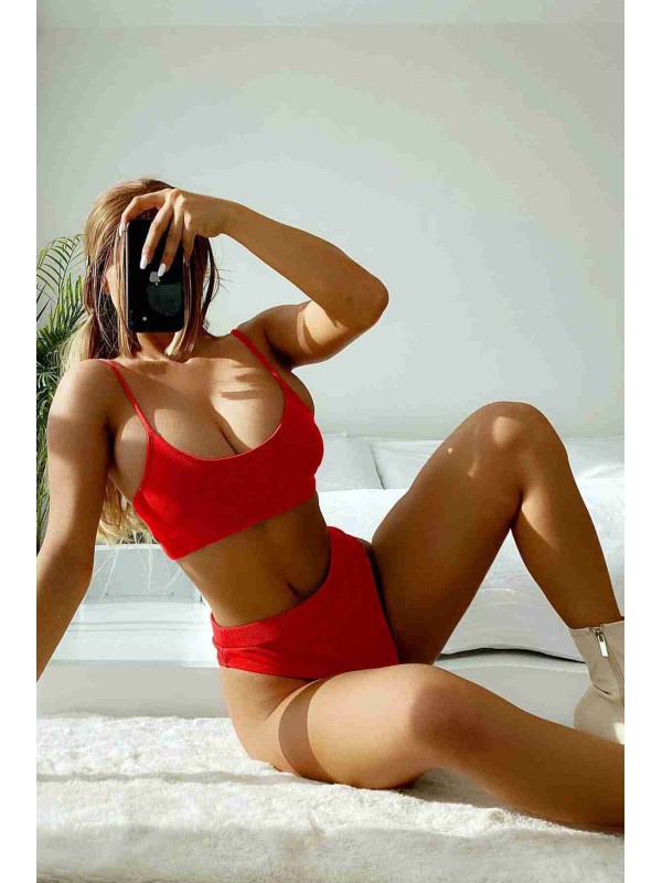  Yüksek Bel Fitilli Kumaş Tankini Bikini Takım Kırmızı 