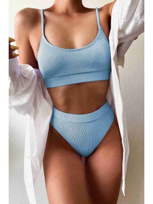  Yüksek Bel Fitilli Kumaş Tankini Bikini Takım Mavi 