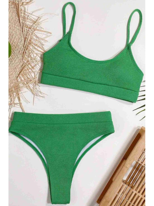  Yüksek Bel Fitilli Kumaş Tankini Bikini Takım Yeşil 