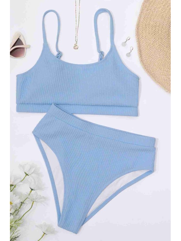  Yüksek Bel Özel Kumaş Tankini Bikini Takım Mavi 