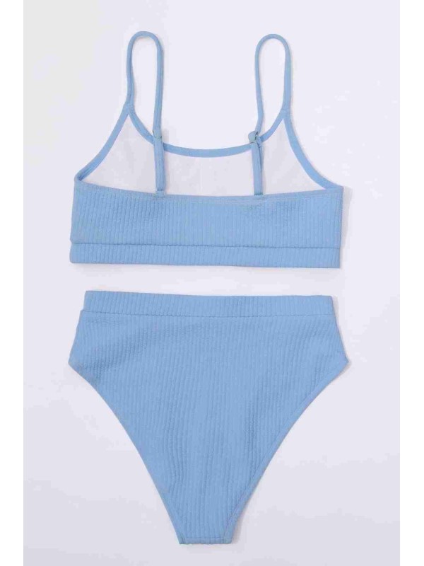 Yüksek Bel Özel Kumaş Tankini Bikini Takım Mavi 