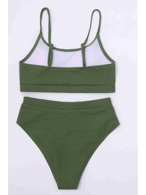  Yüksek Bel Özel Kumaş Tankini Bikini Takım Yeşil 