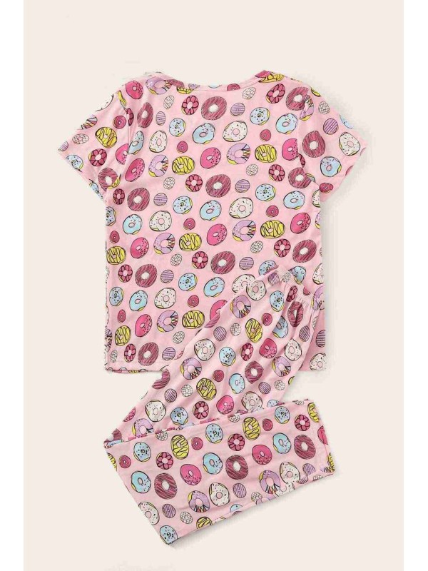  Kısa Kollu Alt Uzun Donut Baskılı Pijama Takımı Çok Renkli 