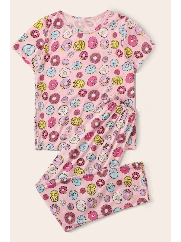  Kısa Kollu Alt Uzun Donut Baskılı Pijama Takımı Çok Renkli 