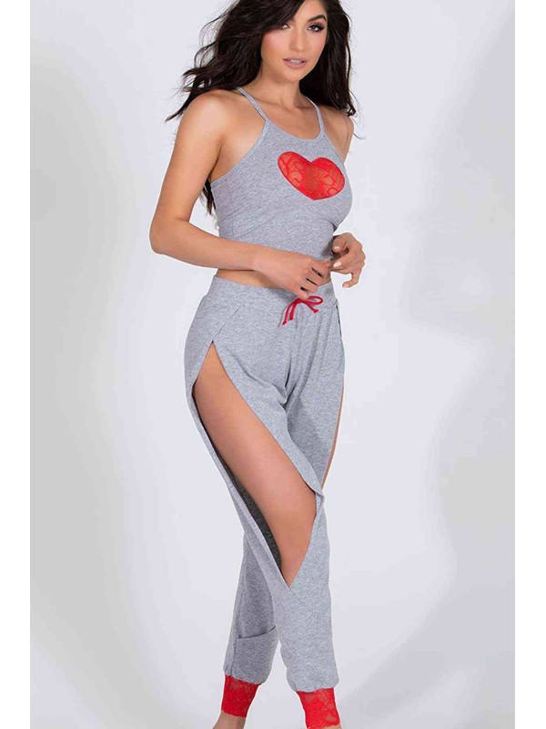  Özel Tasarım Dantel Kalp Tasarımlı Pijama Takım Gri 