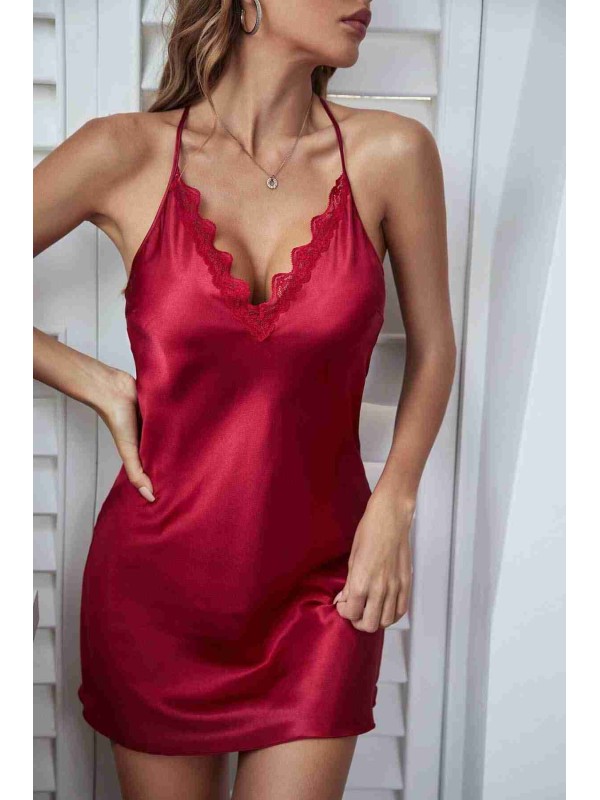 Merry See Sırt Dekolteli Dantel İşlemeli Saten Gecelik İç Giyim Kırmızı | MS2234-1006