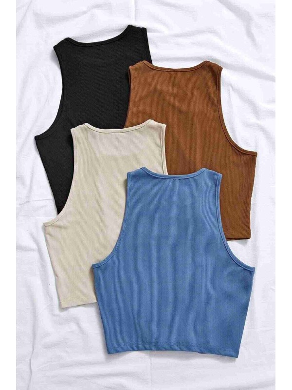  Tek Renk 1 Adet Kadın Kolsuz Örme Kumaş Bluz Crop Kahverengi 
