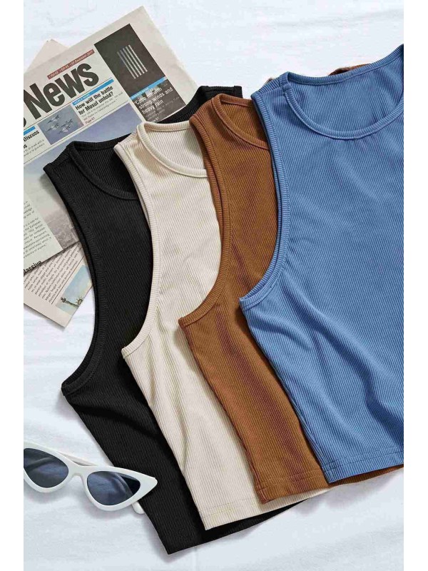  Tek Renk 1 Adet Kadın Kolsuz Örme Kumaş Bluz Crop Krem 