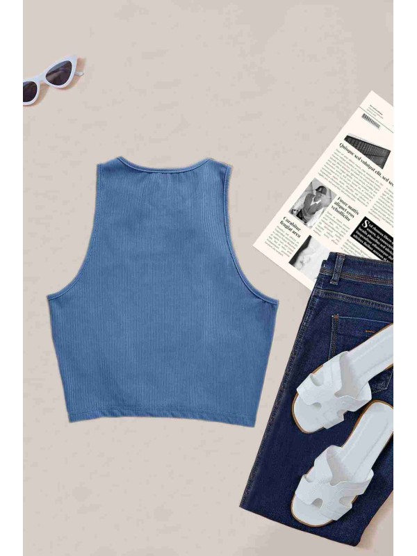  Tek Renk 1 Adet Kadın Kolsuz Örme Kumaş Bluz Crop Mavi 